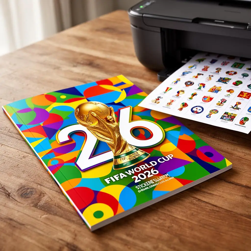 Álbum da Copa 2026 com folhas de figurinhas e impressora